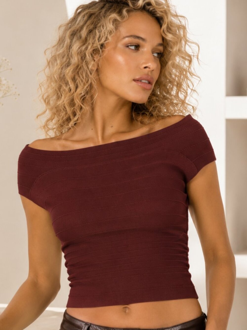 By Anthropologie Off-The-Shoulder Bandage Cropped Sweater in Dark Wine Size M